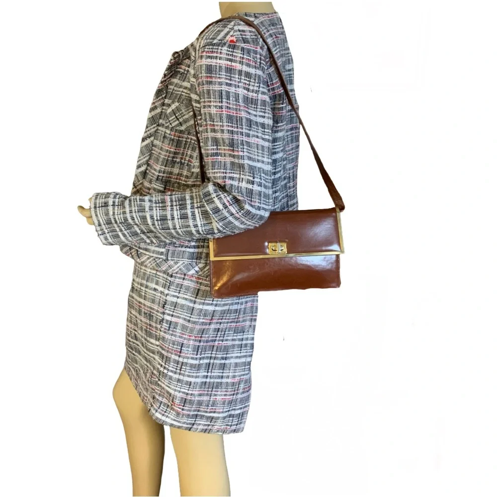 VINTAGE BALENCA BROWN LEATHER FRAMED FRONT FLAP SHOULDER BAG OR CLUTCH